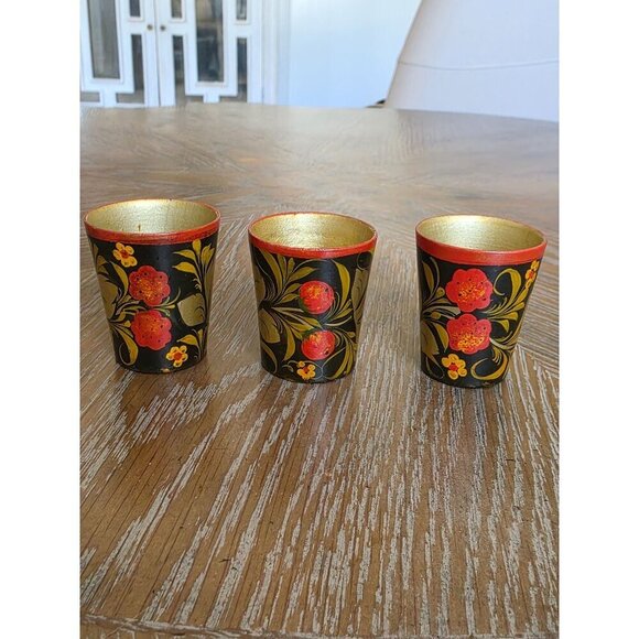 Vintage Hand-Painted Floral Wooden Shot Glasses Set Of 3 - Picture 9 of 16
